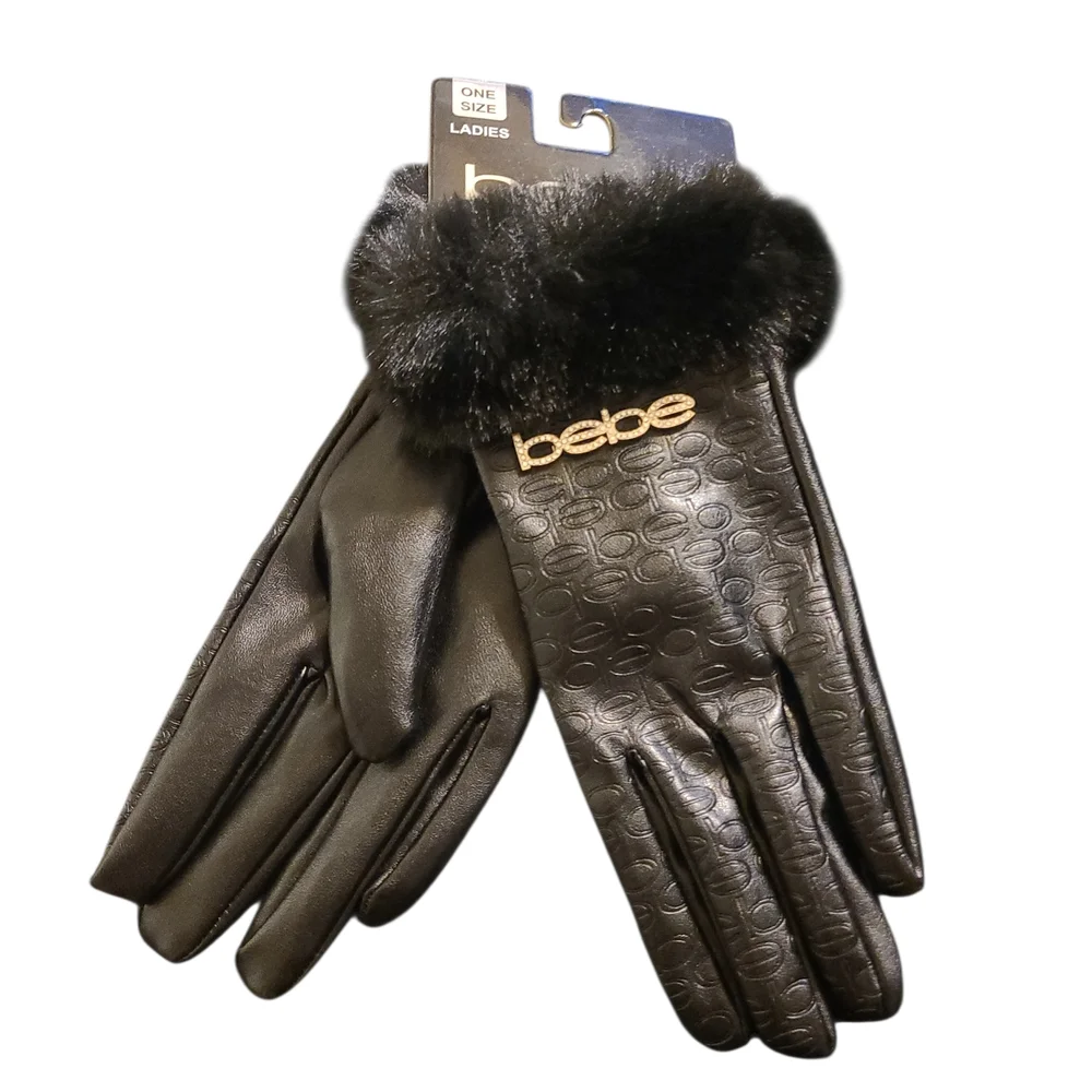 Bebe Black Faux Leather and Fur Trim Gloves - OSFM